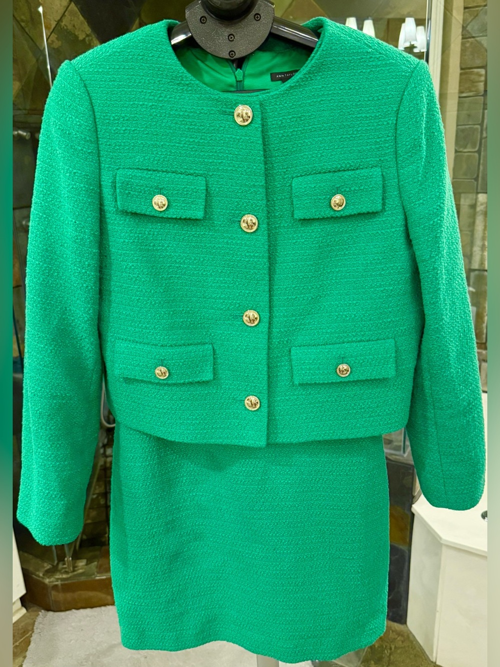 Ann Taylor Grass Green Cropped Jacket and Short Sleeve Shift Dress Set